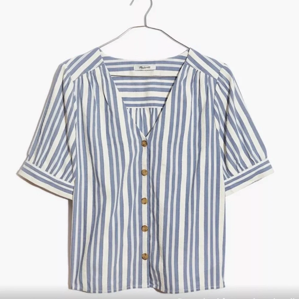 Madewell blue white striped button down short sleeve top
